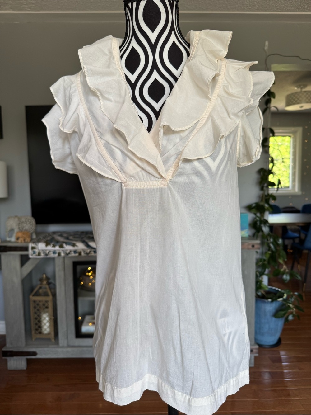 French Connection Cream Ruffled V-Neck Blouse